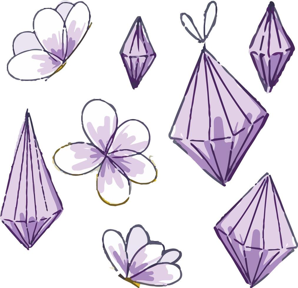 Hand drawing crystals and flowers isolated on white vector