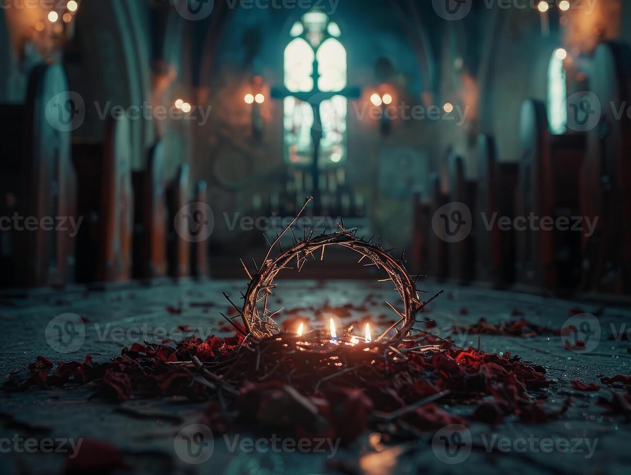 AI generated Dimly Lit Altar for Good Friday, Featuring Crown of Thorns and Nails photo