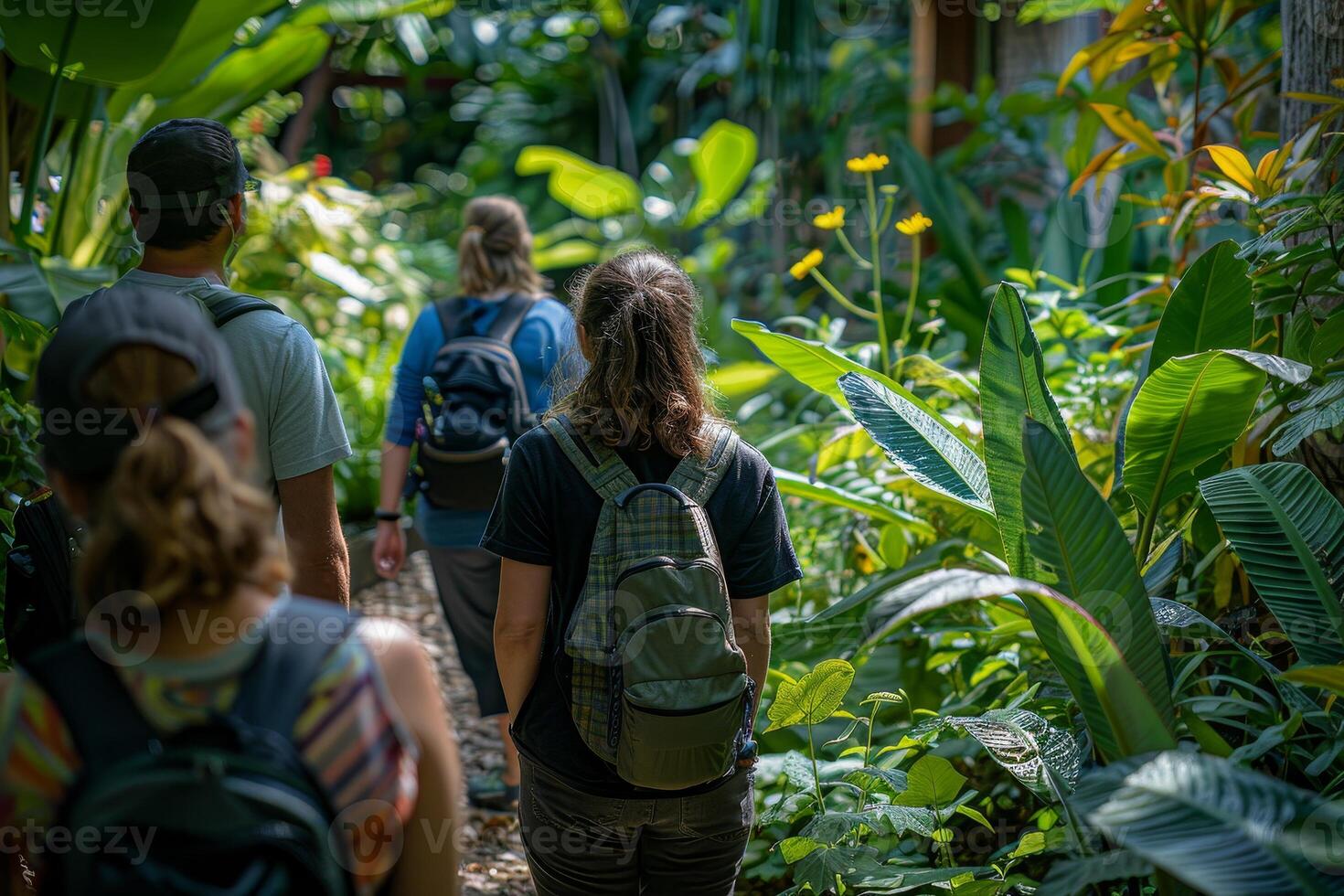 ai generado durante el interactivo botánico jardín recorrido, visitantes será aprender acerca de planta diversidad en un lozano verde ambiente, guiado por informativo señales a lo largo el camino. foto