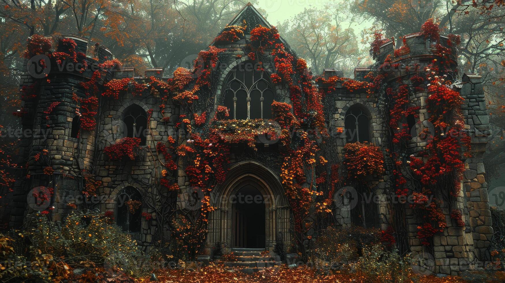 AI generated Off-the-beaten path, exploring a deserted castle, ivy-covered walls photo