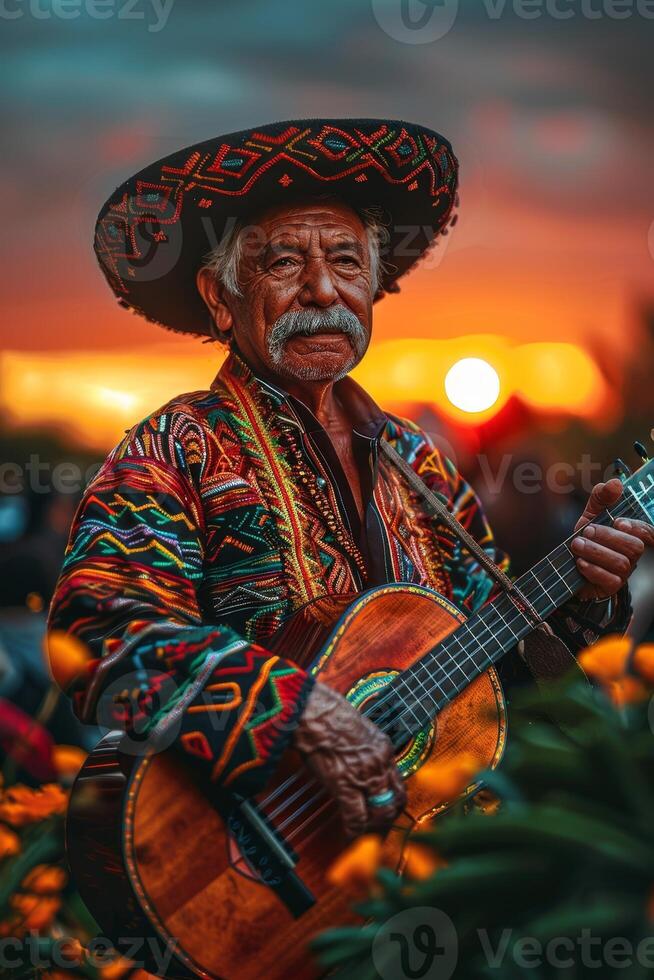 AI generated Mariachi musicians in festive outfits play lively music as the sun sets at a vibrant Cinco de Mayo event. photo