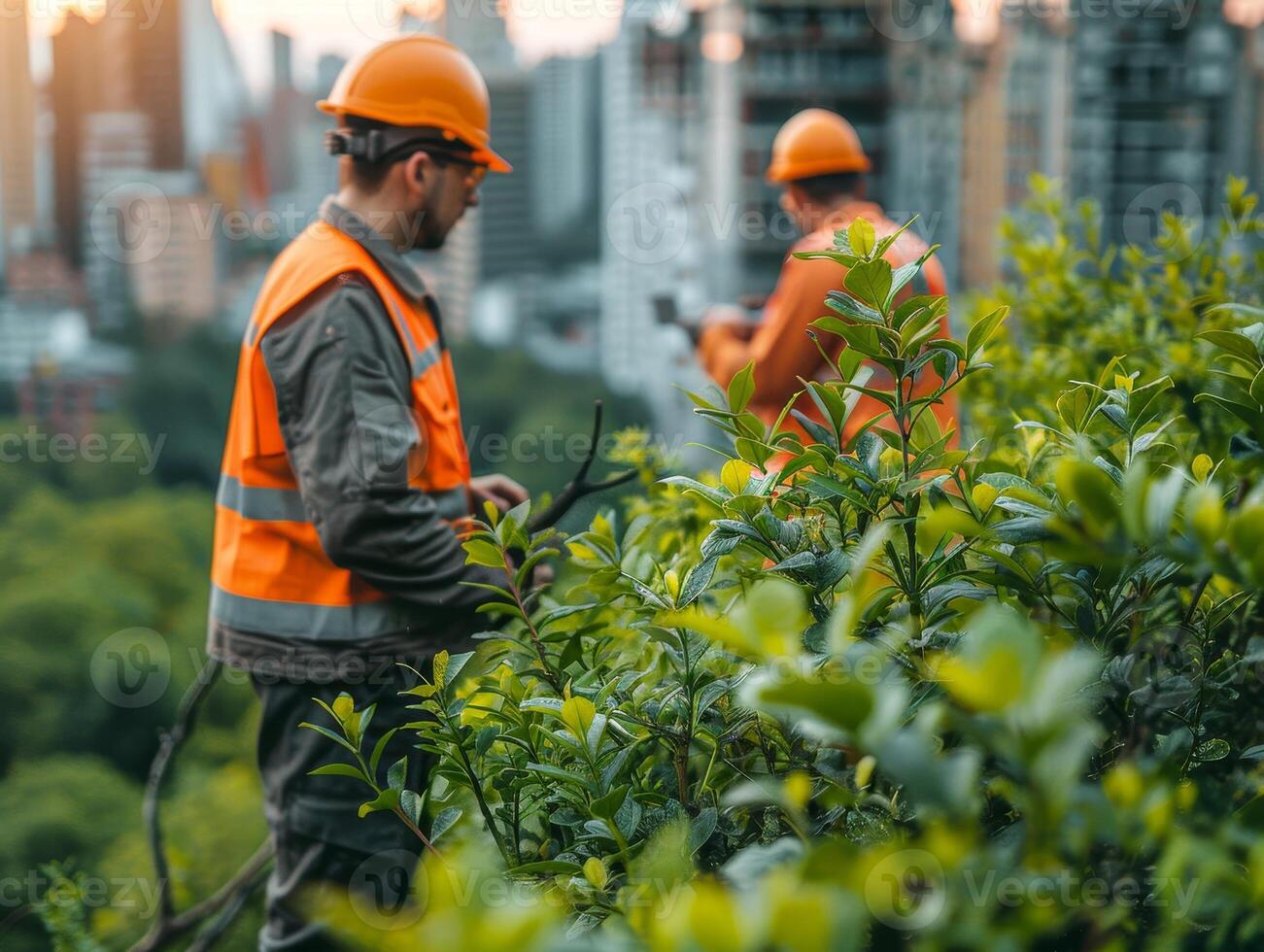 ai generado urbano silvicultura equipo inspeccionando árbol salud, profesional árbol cuidado en acción, ciudad fondo, promoviendo urbano verdor mantenimiento. foto