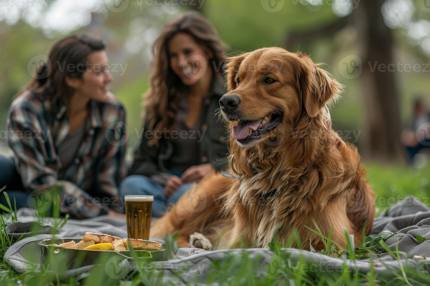 AI generated Family on a picnic in the park, celebrating National Pet Day with their rescue dog. photo