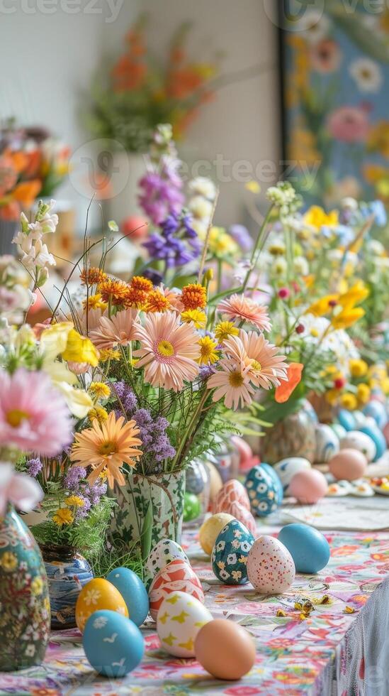 AI generated Creative Easter Crafts Scene - Making Wreaths, Decorating Eggs, Spring Crafts Display photo