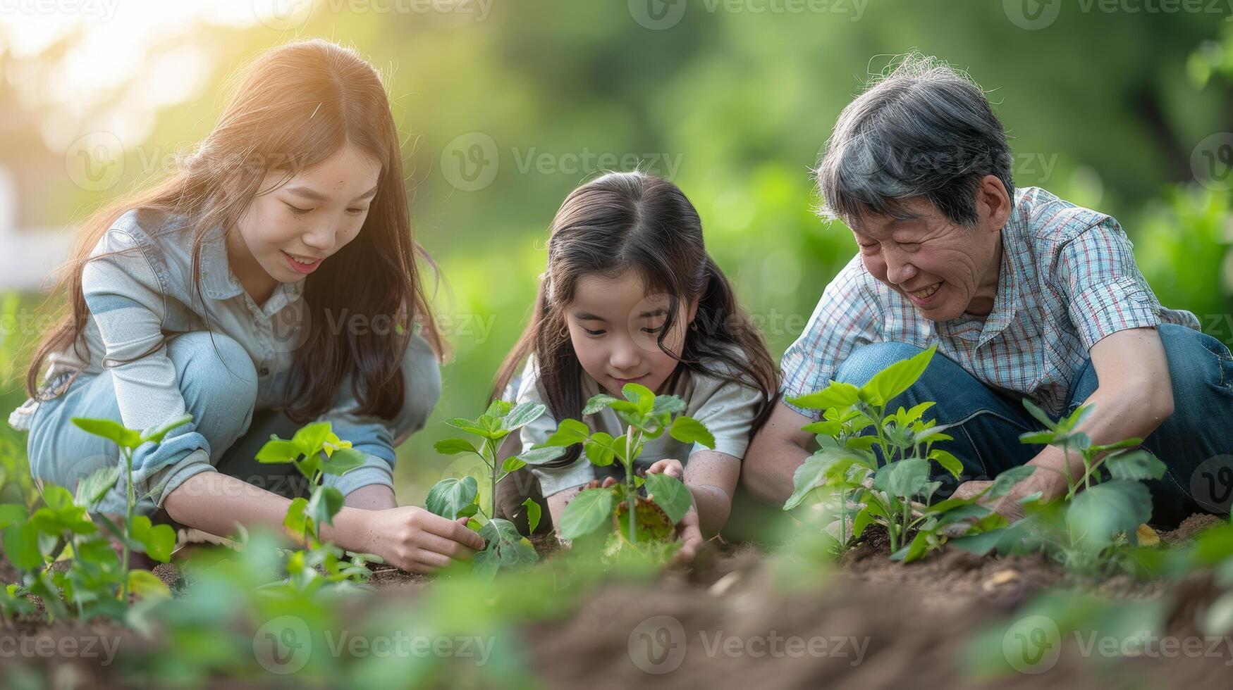AI generated Family plants trees at park, displaying intergenerational dedication to reforestation and Earth Day principles. photo