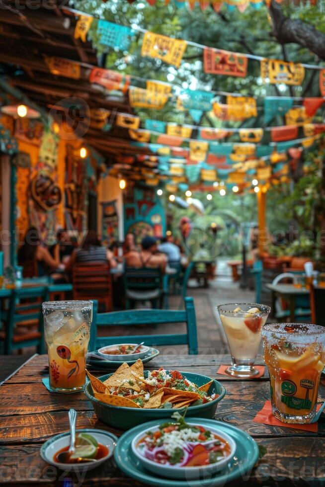 AI generated A Mexican cantina scene, with patrons enjoying tequila shots, margaritas, and nachos, decorated with Mexican flags and papel picado, embodying the spirit of Cinco de Mayo photo