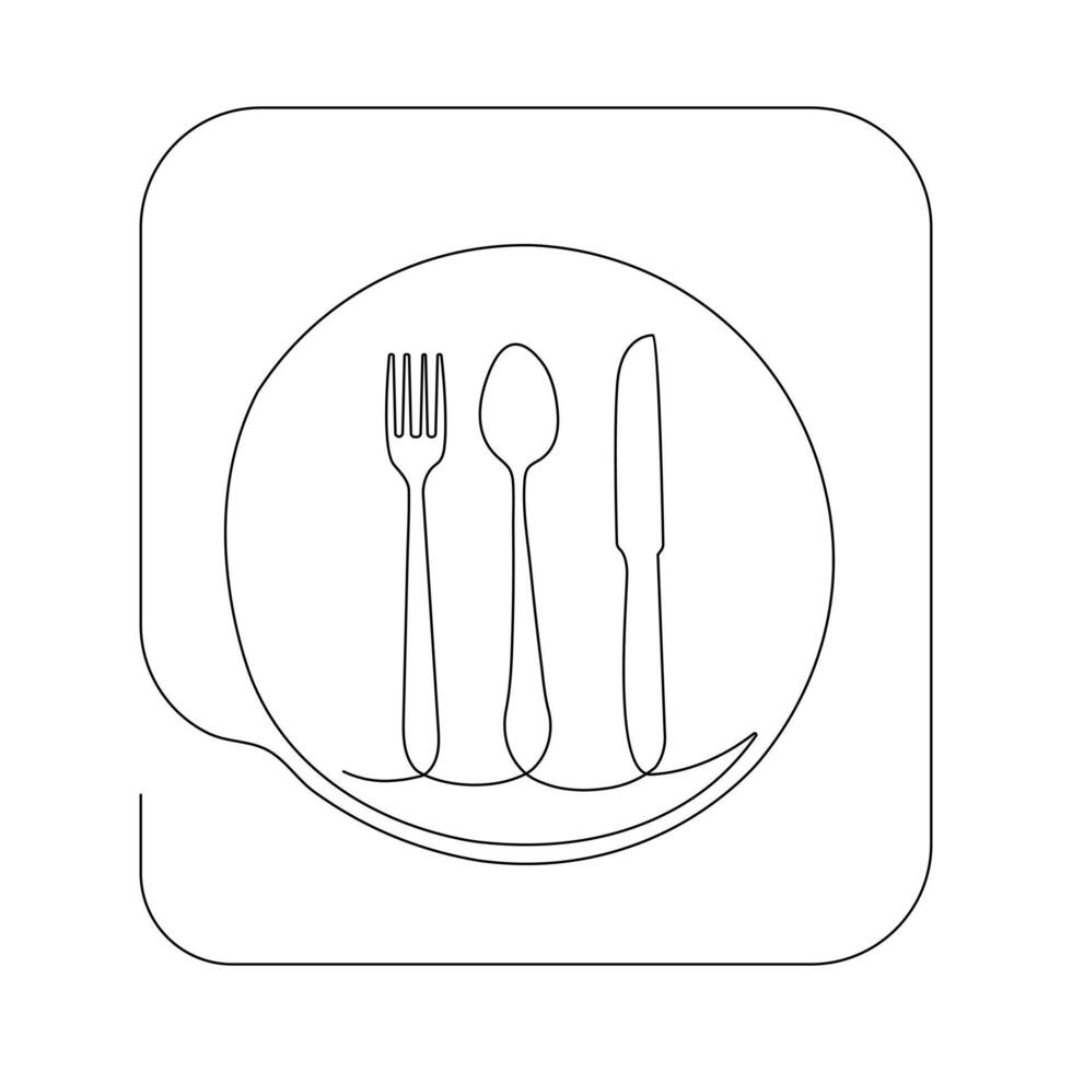 Continuous one line drawing of plate knife and fork hand drawn doodle vector art illustration.