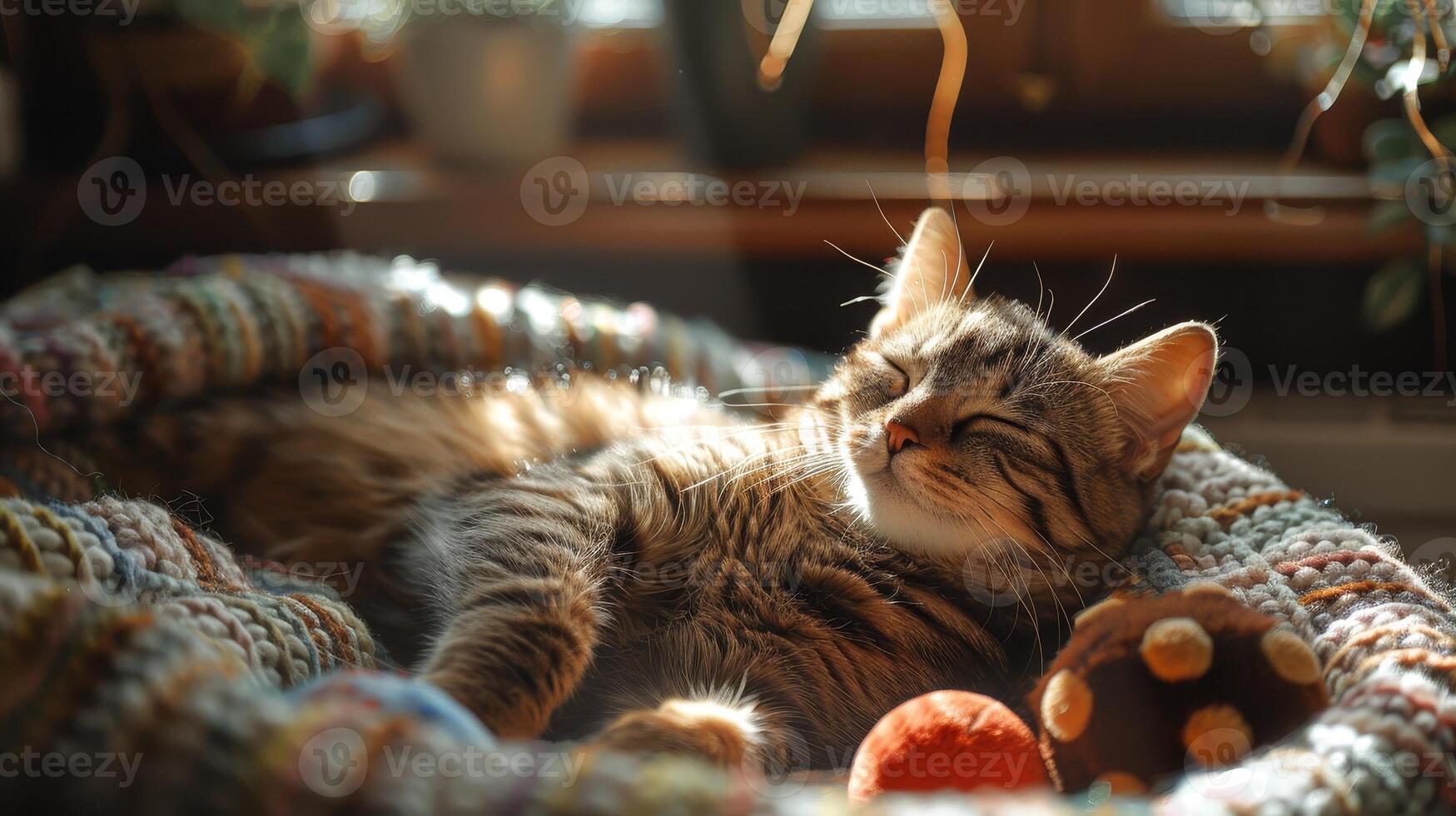 AI generated A cat, in a sunbeam with toys around, epitomizes contentment. photo