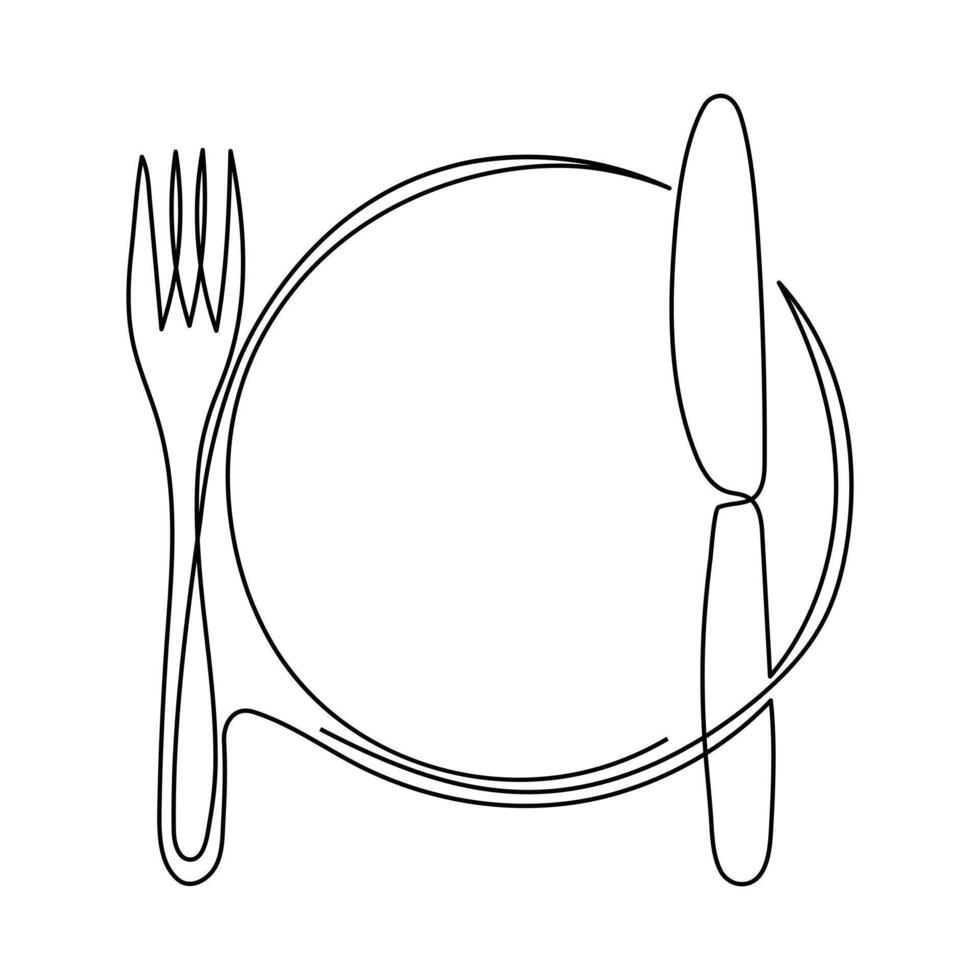 Continuous one line drawing of plate knife and fork hand drawn doodle vector art illustration.