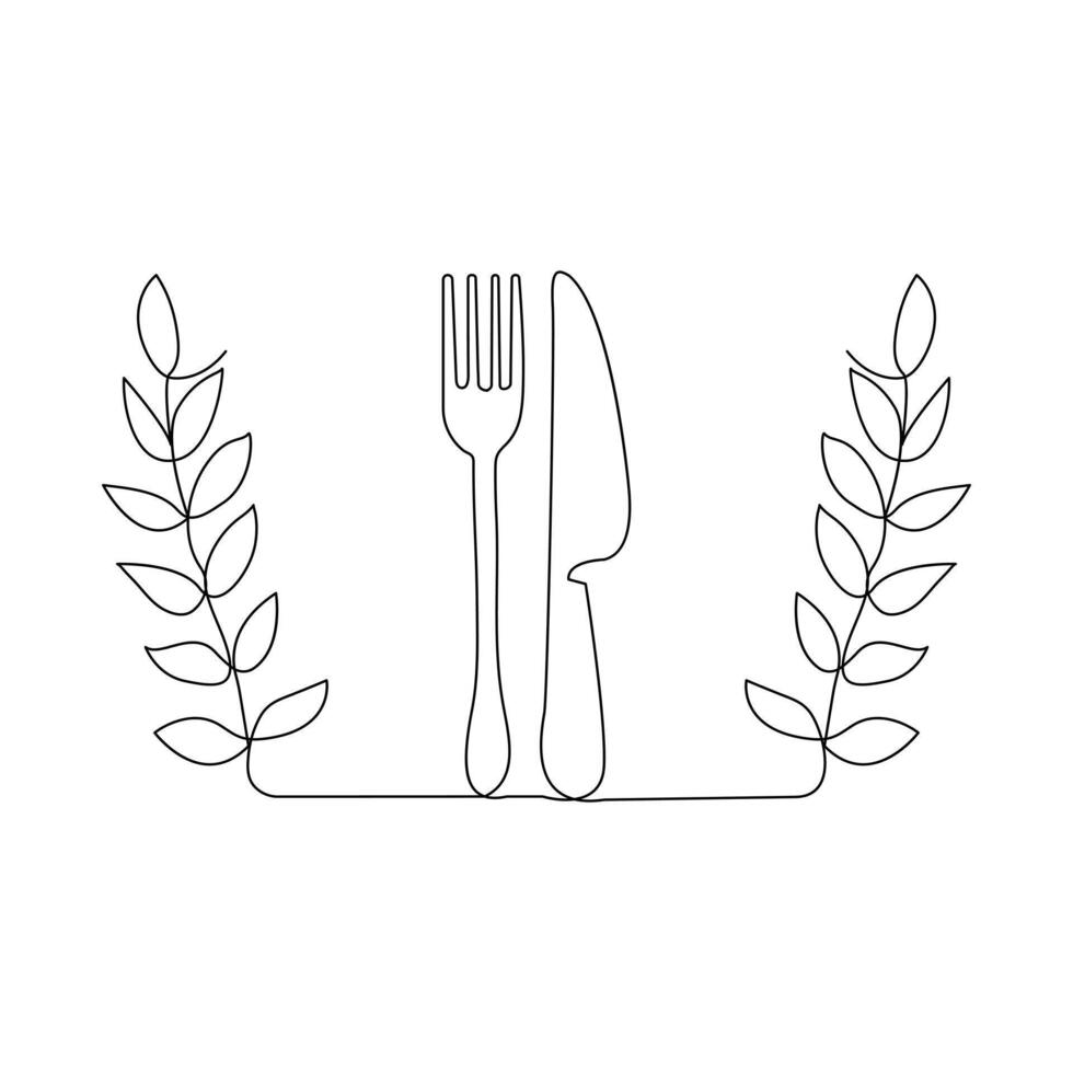 Continuous one line drawing of plate knife and fork hand drawn doodle vector art illustration.