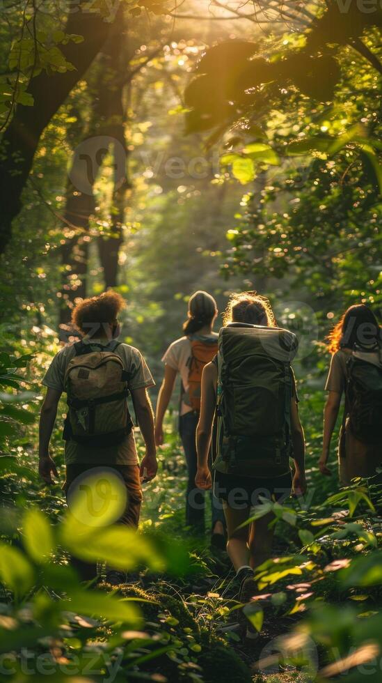 AI generated A group of friends is enjoying a nature walk in a lush forest, capturing tree photography and bonding over environmental appreciation. photo