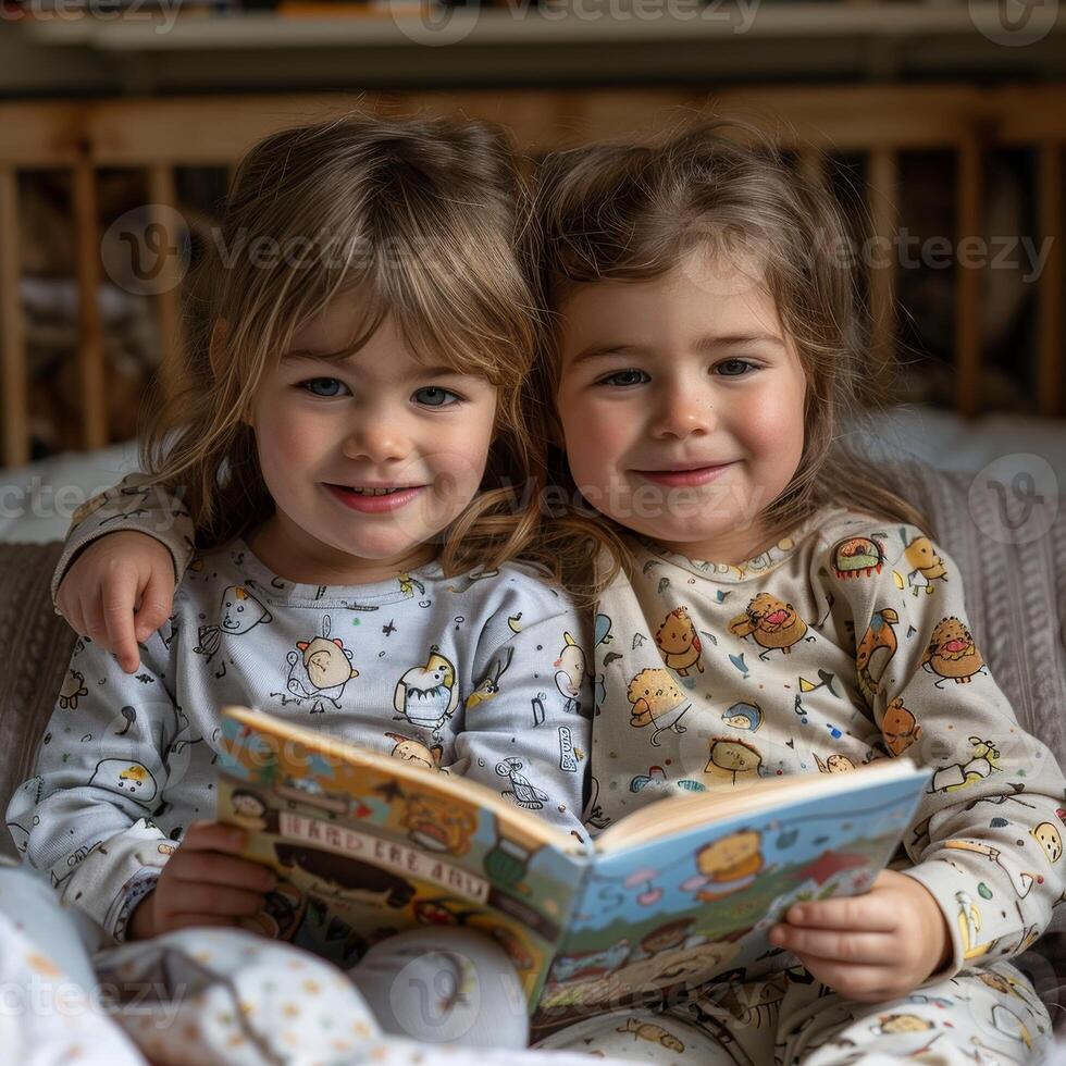AI generated Kin through adoption engrossed in a storybook in a comfortable bedroom photo