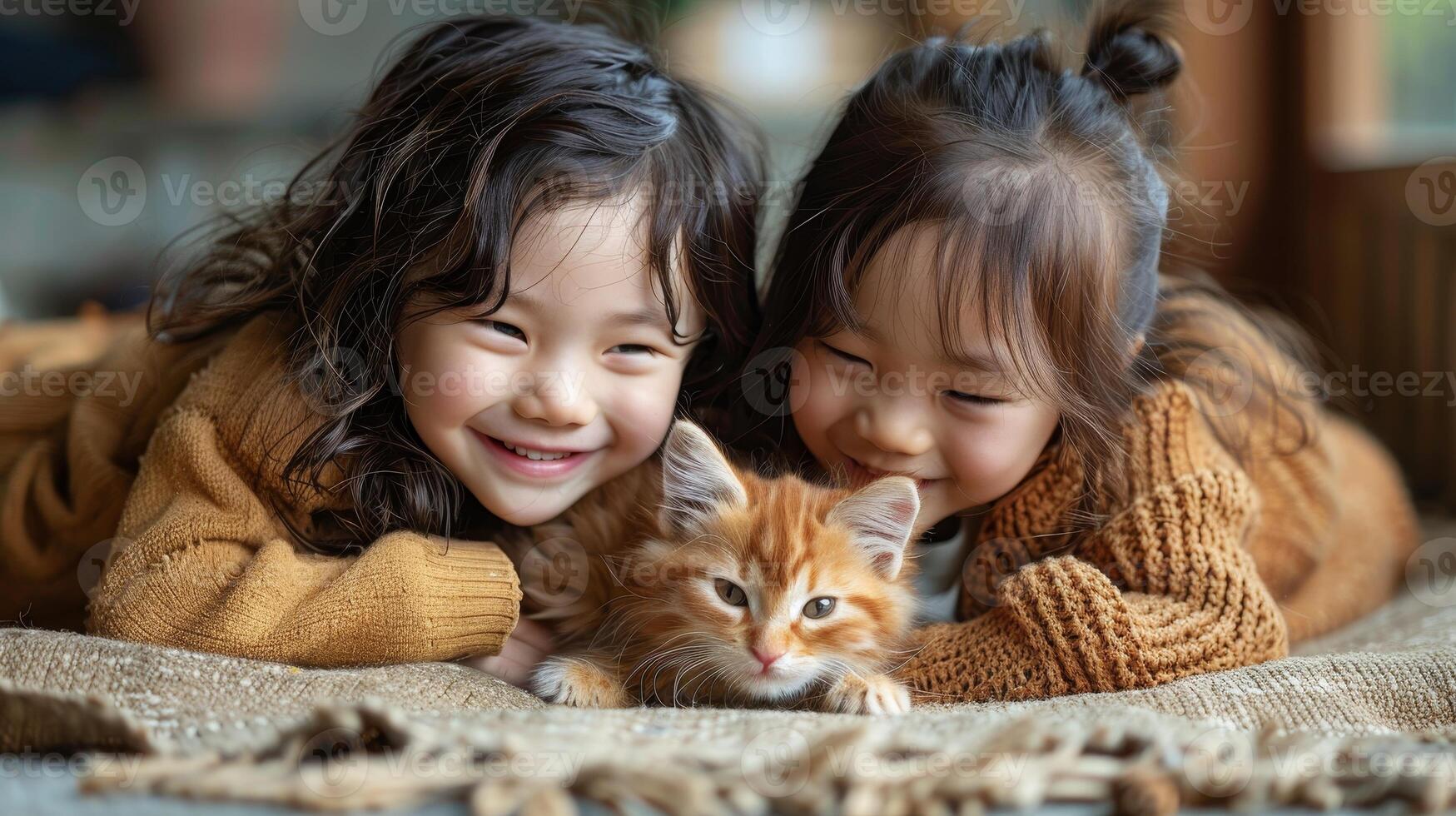 AI generated Siblings caring for their family pet, learning responsibility and nurture. photo