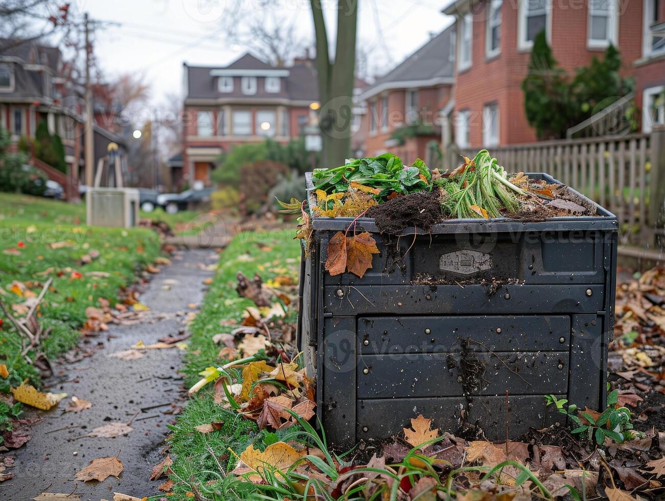 AI generated Urban neighborhood's composting bin urges locals to donate organic waste for soil enrichment. photo