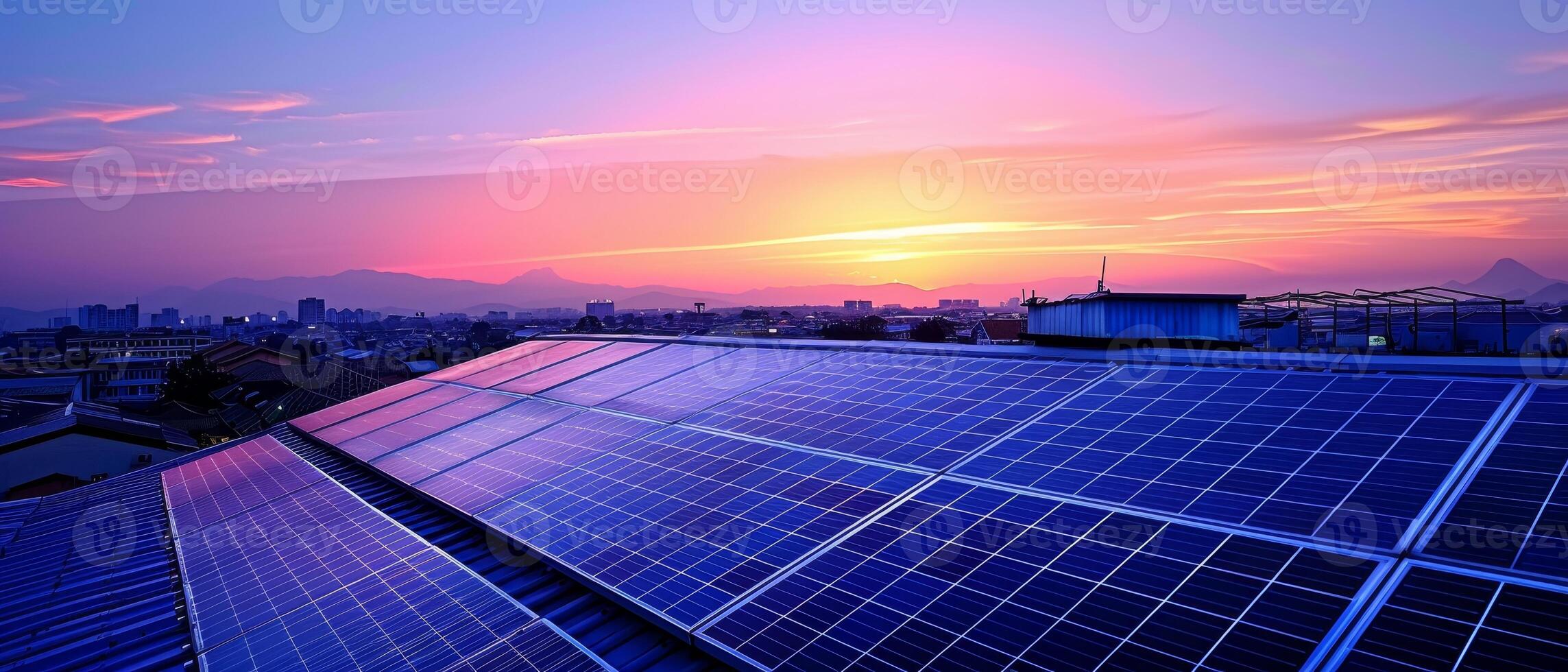 ai generado un urbano techo cubierto en solar paneles, con un paisaje urbano en el fondo, representando el integración de verde energía dentro metropolitano áreas foto