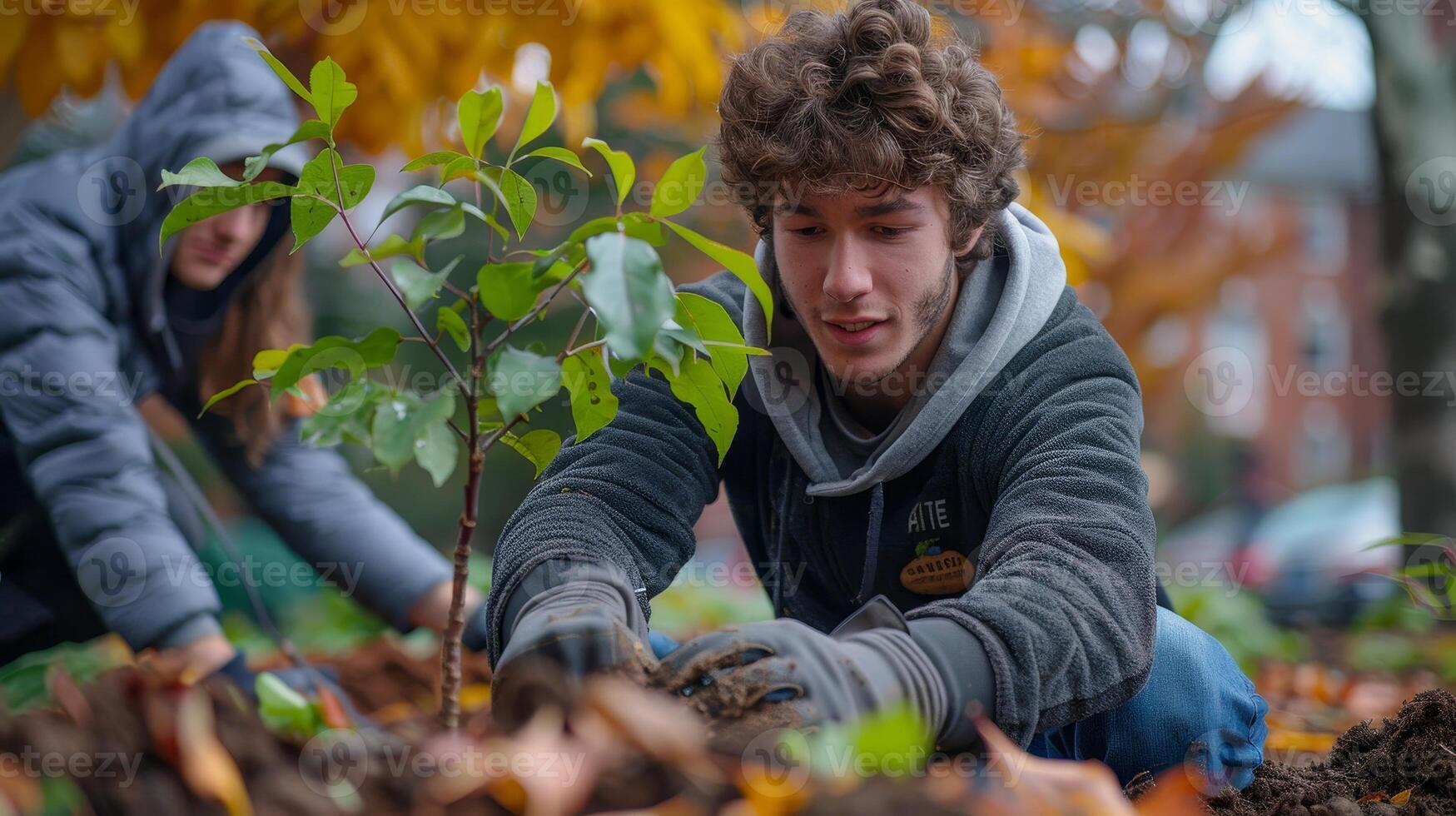 AI generated Students planting trees on campus demonstrate climate action, environmental education, teamwork in vibrant college grounds. photo