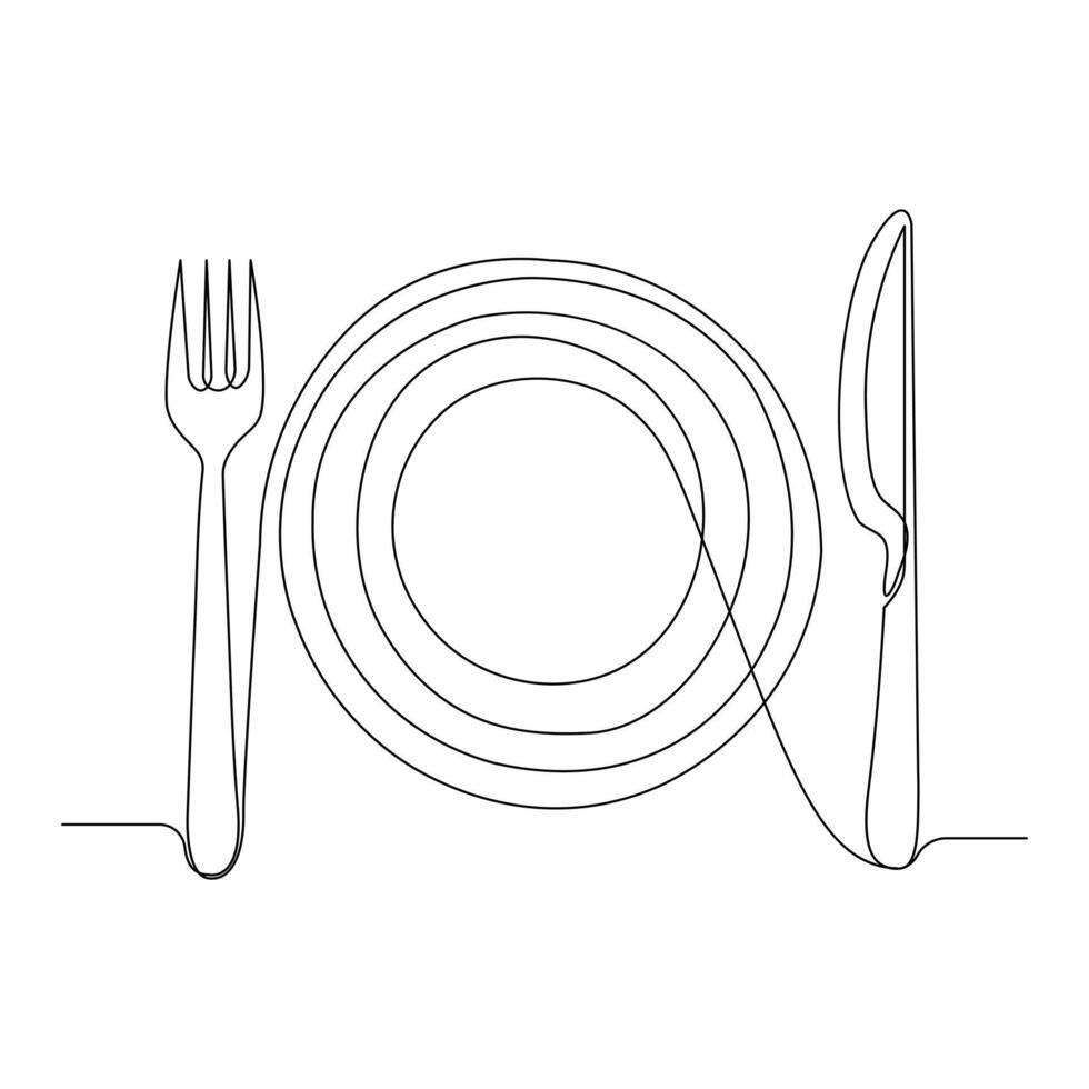 Continuous one line drawing of plate knife and fork hand drawn doodle vector art illustration.