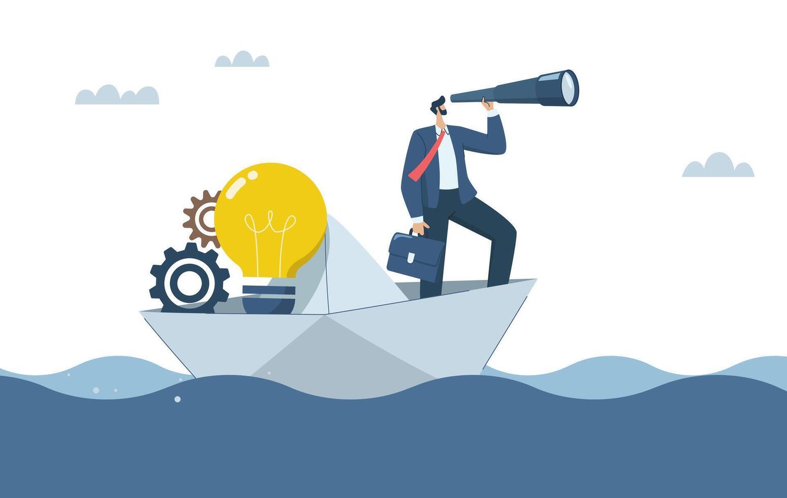 Business leaders search for investment opportunities, Vision to overcome obstacles, Predicting or discovering new ideas, Businessman with binoculars on paper boat carrying light bulbs in the sea. vector