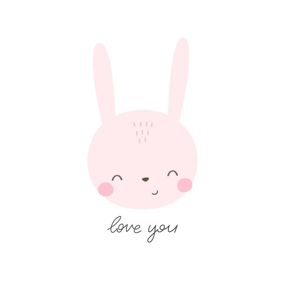 Love you. Cartoon bunny, hand drawing lettering. colorful vector illustration, flat style. design for print, greeting card, poster decoration, cover.