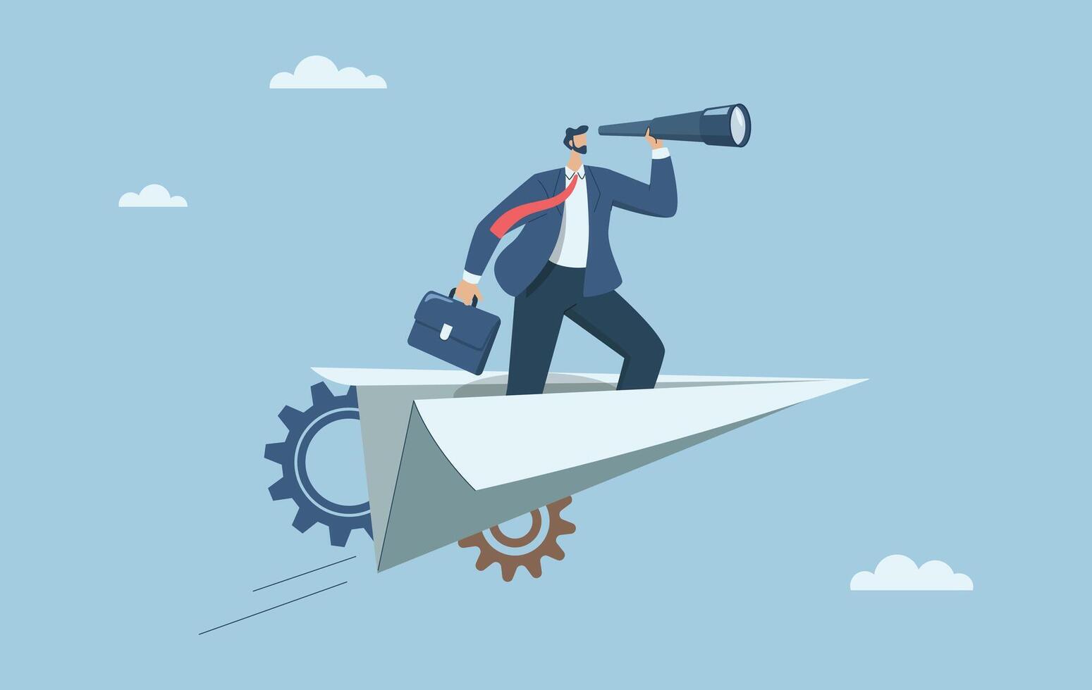 Business leaders search for business opportunities, Look ahead, Forecast future investments or discover new ideas, Businessman with binoculars on paper airplane in the sky. Vector design illustration