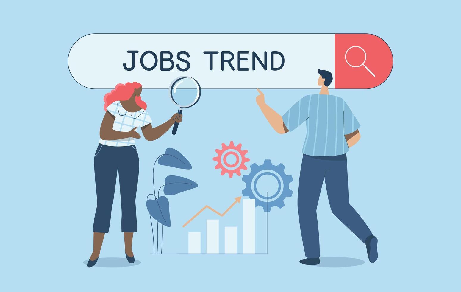 Finding job trends, Search new business opportunities or looking for a new job, Employment or job search, Male and female employees use a magnifying glass to search for jobs on the search bar. vector
