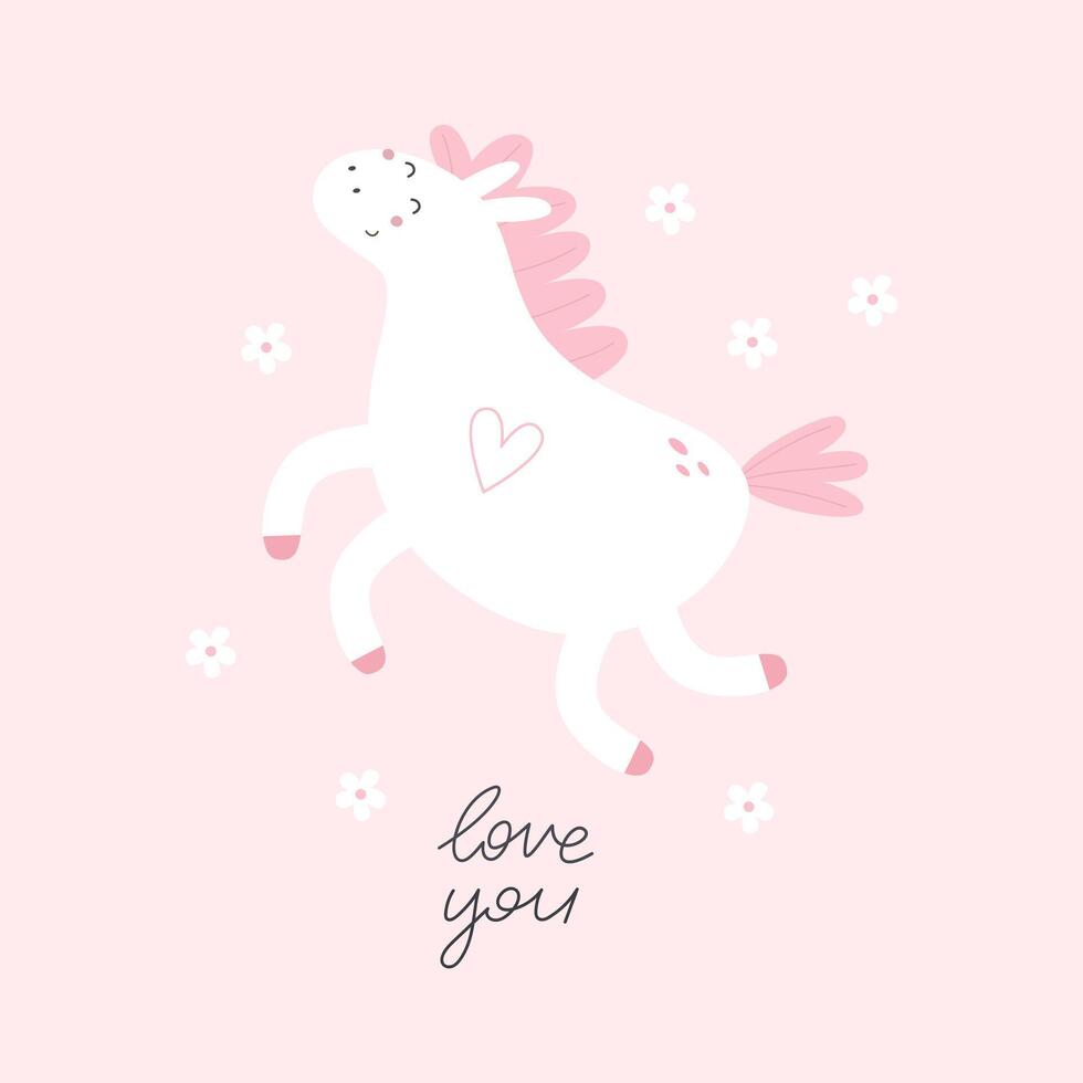 Love you. Cartoon unicorn, hand drawing lettering. colorful vector illustration, flat style. design for print, greeting card, poster decoration, cover.