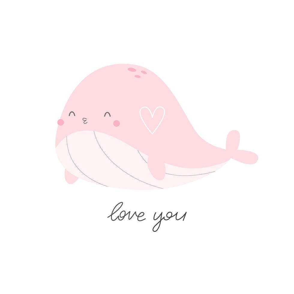 Love you. Cartoon whale, hand drawing lettering. colorful vector illustration, flat style. design for print, greeting card, poster decoration, cover