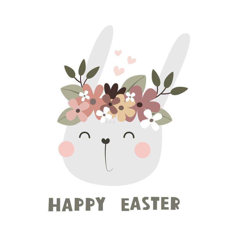 happy easter. cartoon, bunny, flowers, hand drawing lettering, decor elements. festive colorful vector illustration. Design for greeting cards, decoration posters, covers.