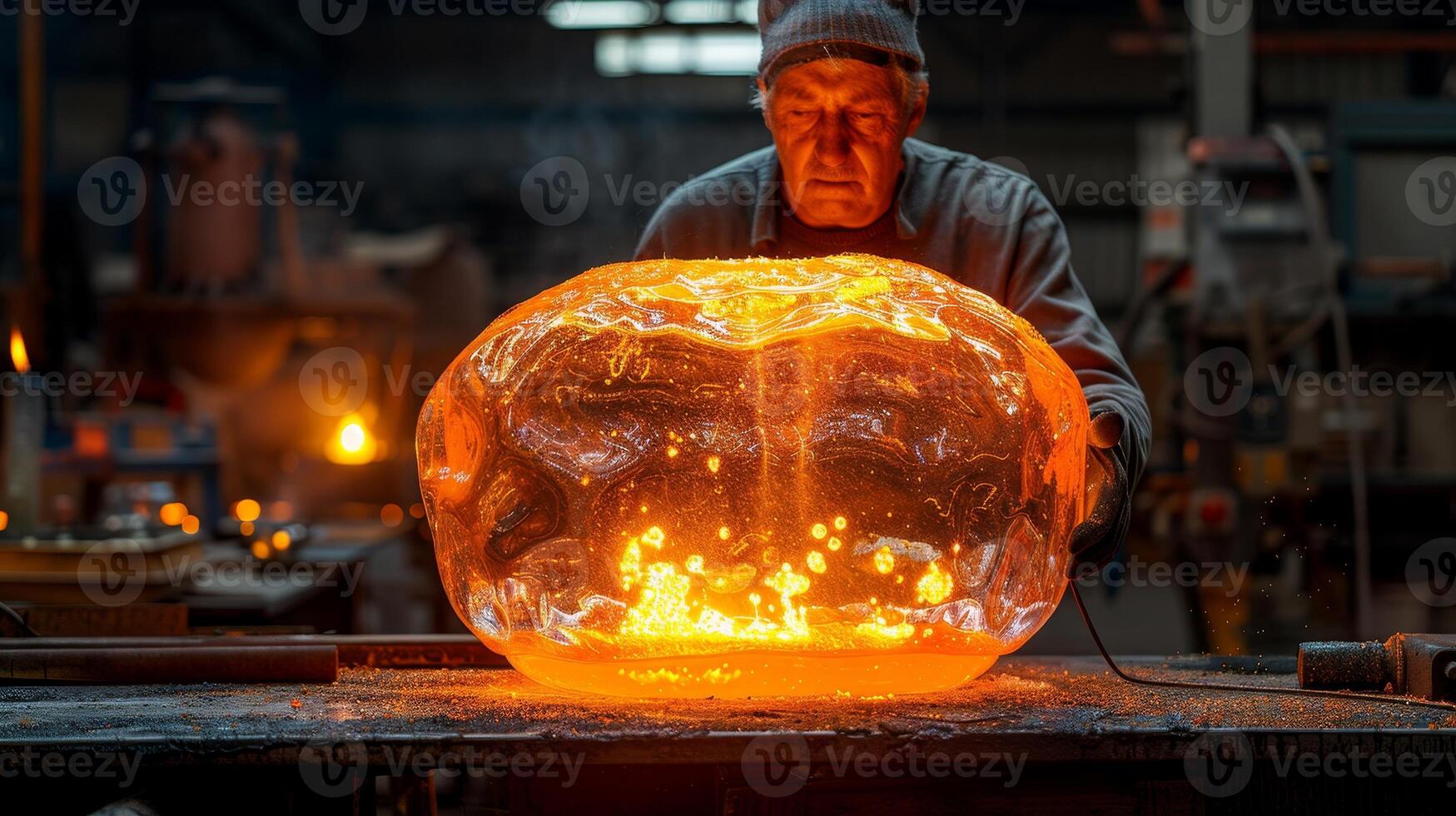AI generated In the dark workshop, molten glass glows brightly as it is shaped, creating a vibrant orange hue photo