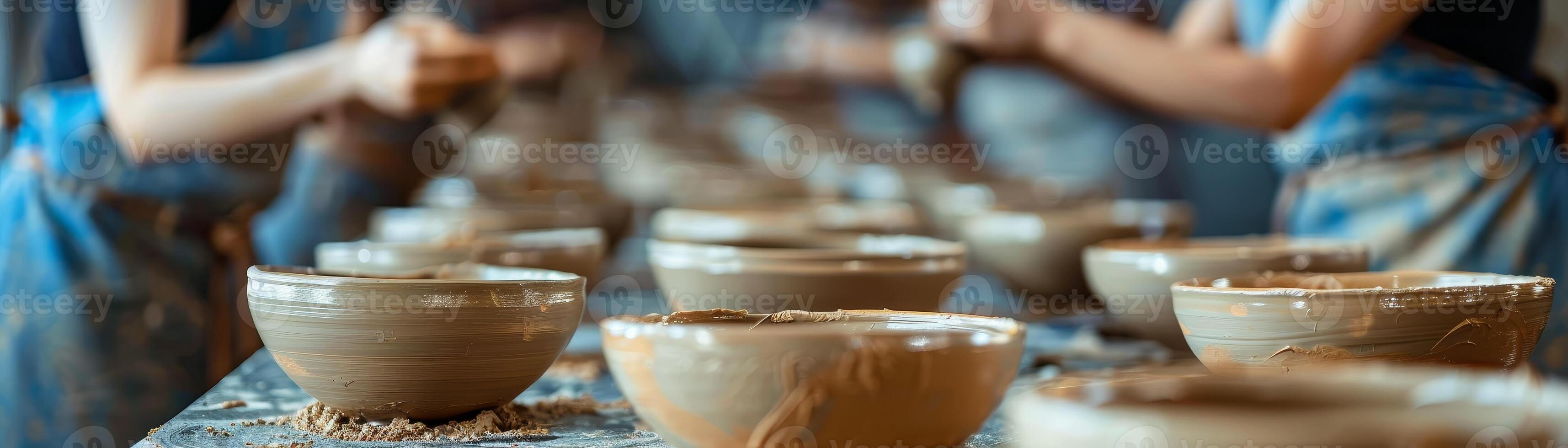 AI generated In ceramics class, students shape bowls, emphasizing hands and clay photo