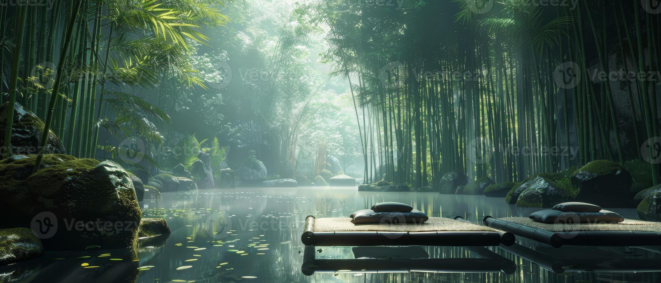 AI generated Zen retreat, bamboo forest, peaceful meditation space photo