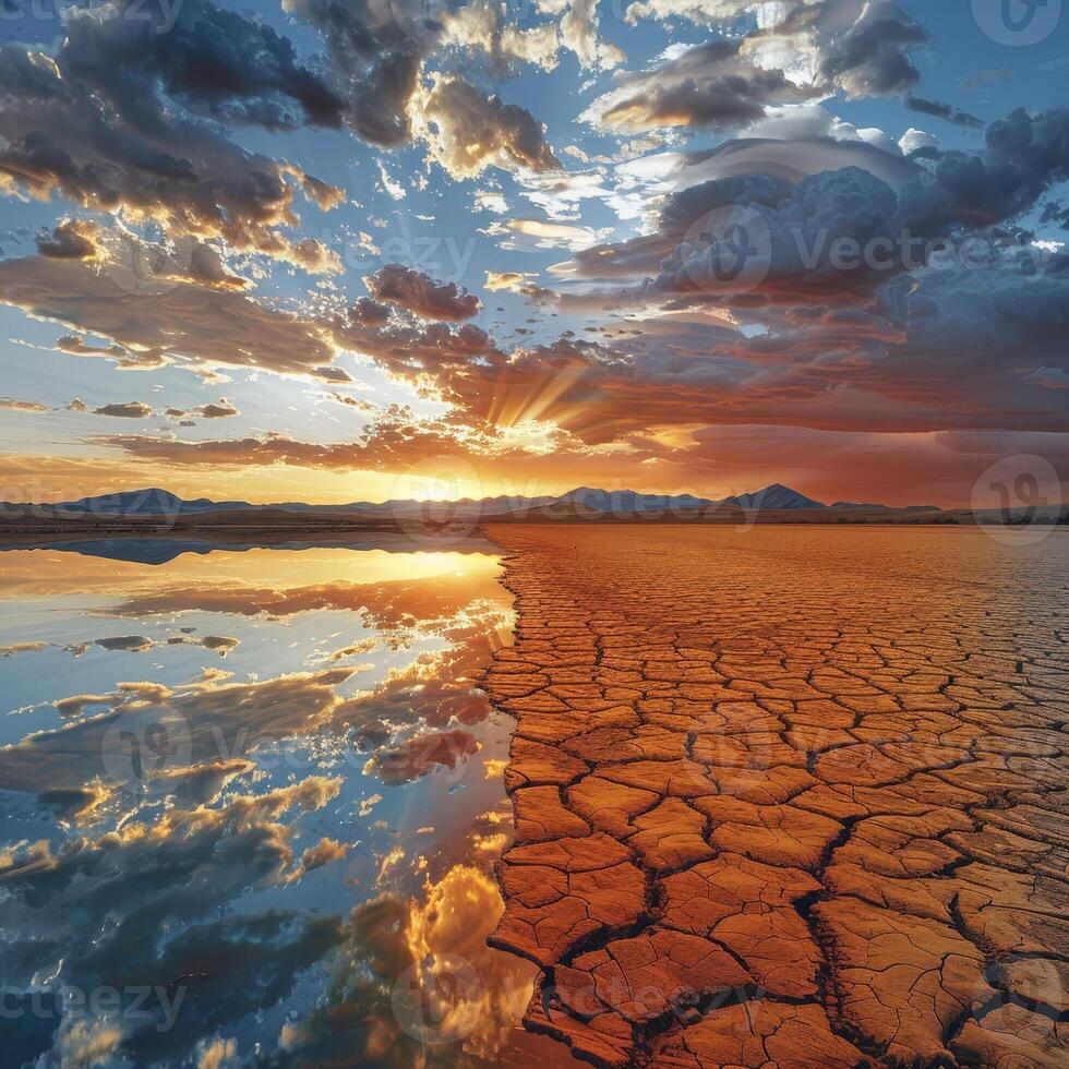 AI generated Mirror like lake reflects dawn - desert sand absorbs noon sun, contrasting natural textures photo