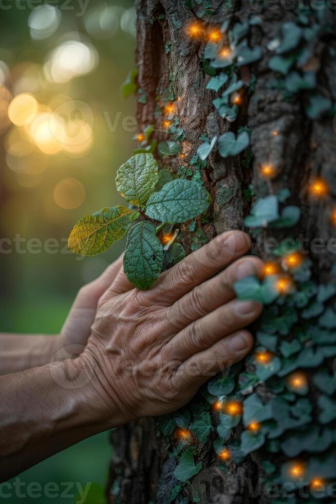 AI generated Hands embracing a tree on Tree Hug Day, highlighting nature conservation and love for trees in a lush green setting. photo