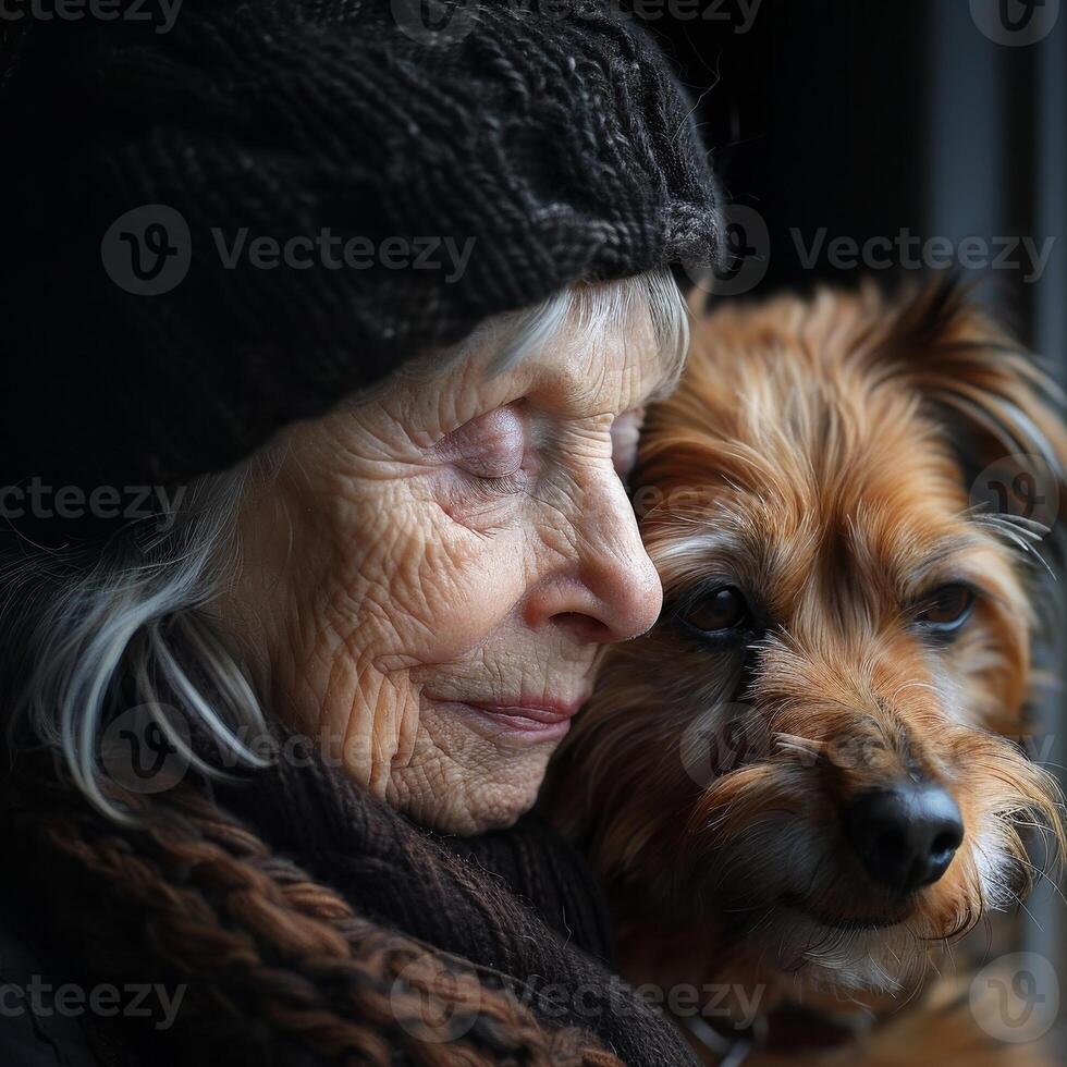 AI generated An elderly pet and its owner share a profound bond in their reflective moment. photo