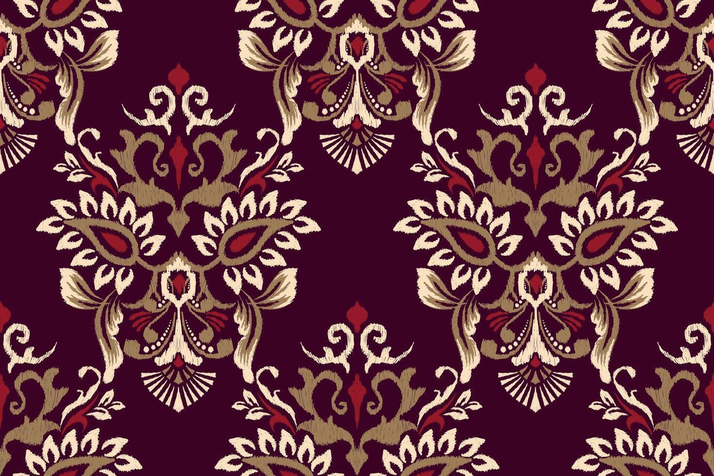 barroco ikat floral sin costura modelo en púrpura fondo.ikat étnico oriental bordado vector ilustracion.azteca estilo,mano dibujado, cordones.diseño para textura,tela,ropa,decoración,superficie impresión.
