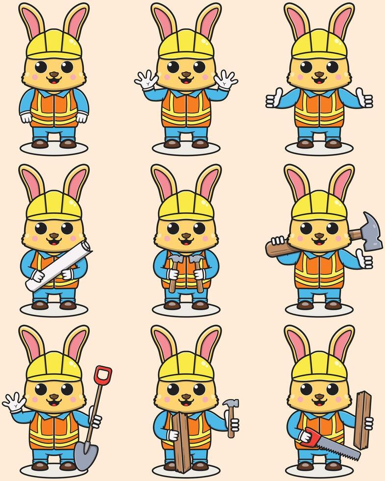 Cute Rabbit Construction Contractor Illustration. Vector illustration of a cute building foreman Rabbit . Cute Rabbit construction worker cartoon. Flat Cartoon Style.