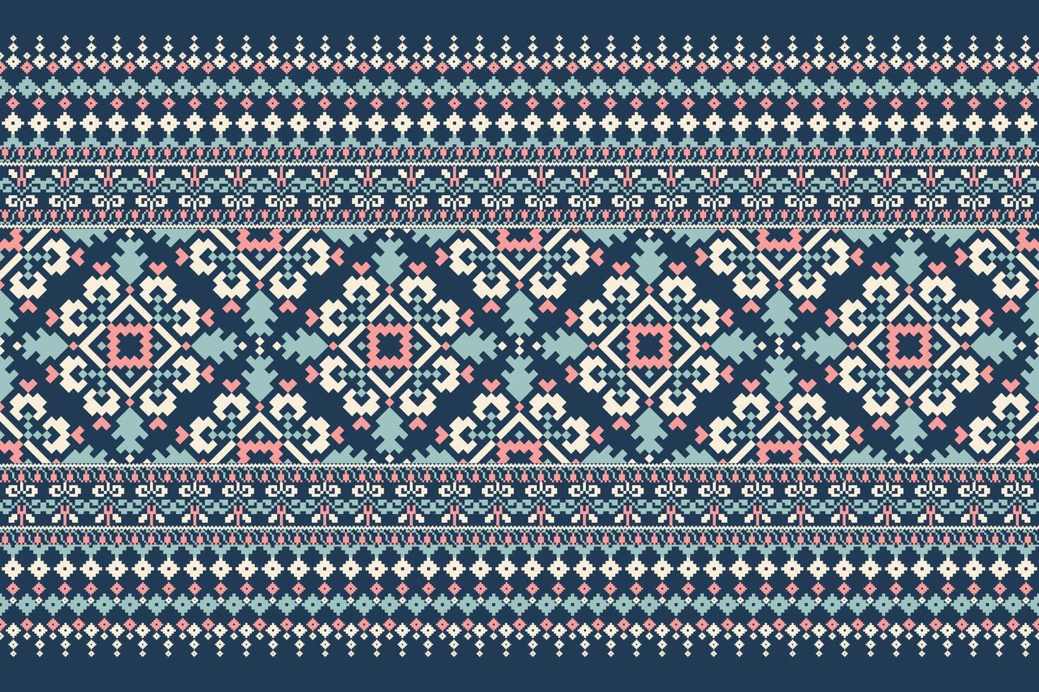 Floral Cross Stitch Embroidery on navy blue background.geometric ethnic oriental pattern vector illustration,Aztec style,abstract background.design for texture,fabric,clothing,decoration,sarong,scarf.