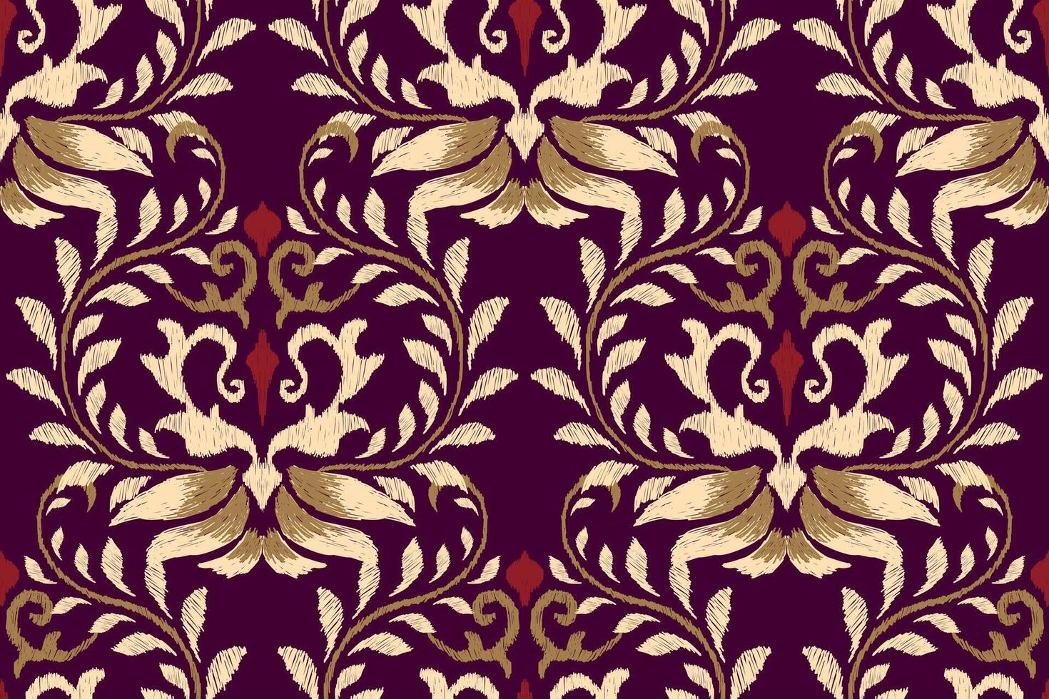 Baroque Ikat floral seamless pattern on purple background.Ikat ethnic oriental embroidery vector illustration.Aztec style,hand drawn,lacing.design for texture,fabric,clothing,decoration,surface print.