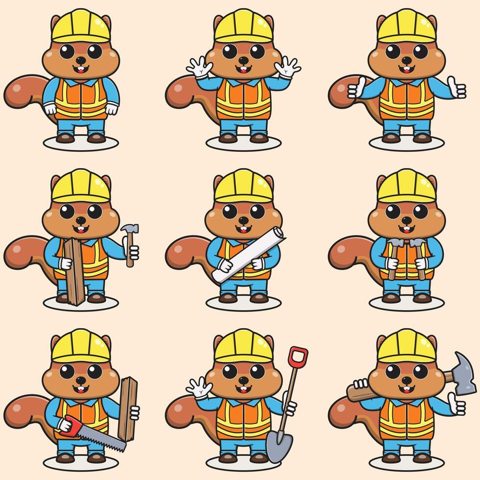Cute Squirrel Construction Contractor Illustration. Vector illustration of a cute building foreman Squirrel. Cute Squirrel construction worker cartoon. Flat Cartoon Style.