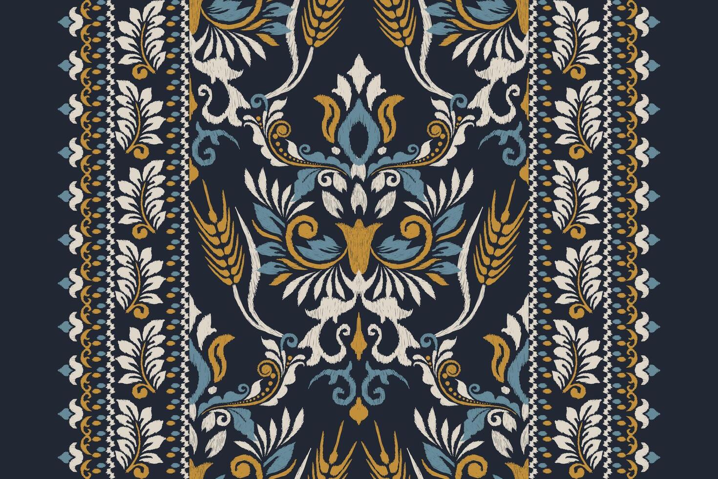 ikat floral modelo en negro antecedentes vector ilustración.ikat oriental bordado.azteca estilo,tradicional,mano dibujado, barroco patrón de diseño para textura, tela, ropa, envoltura, decoración, bufanda,