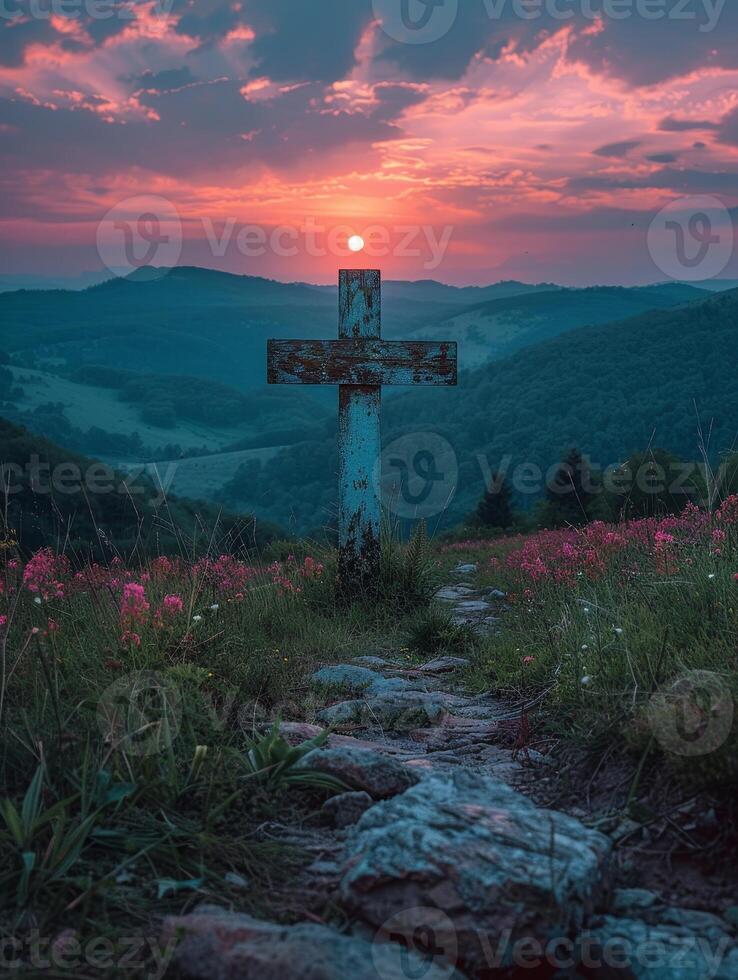 ai generado cruzar contorno en contra puesta del sol, emblemático de Resurrección esperanza, calma vista foto