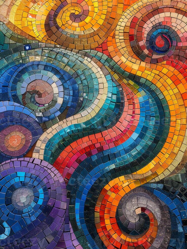 AI generated An overhead view captures the beauty of mosaic art created by assembling tiny, colorful tiles into a vibrant pattern photo