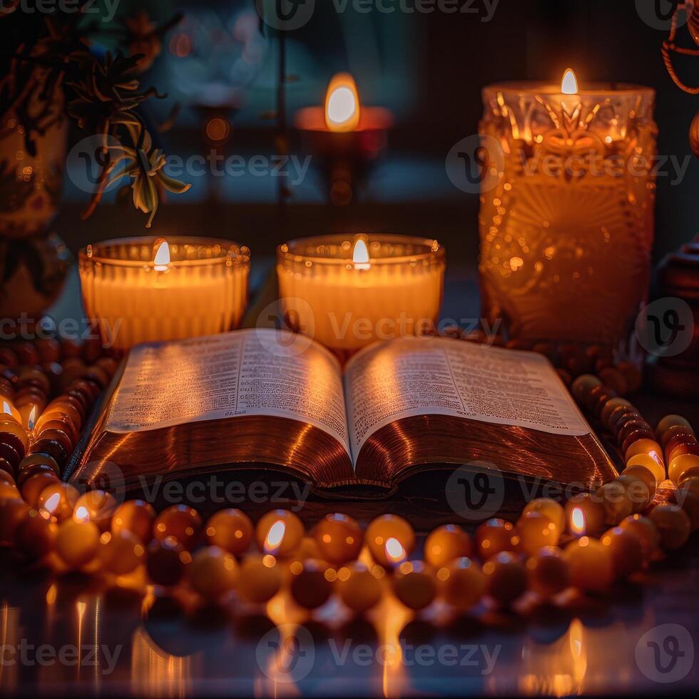 ai generado Biblia página en de cristo pasión cerca arriba, alumbrado por velas con rosario acentos foto
