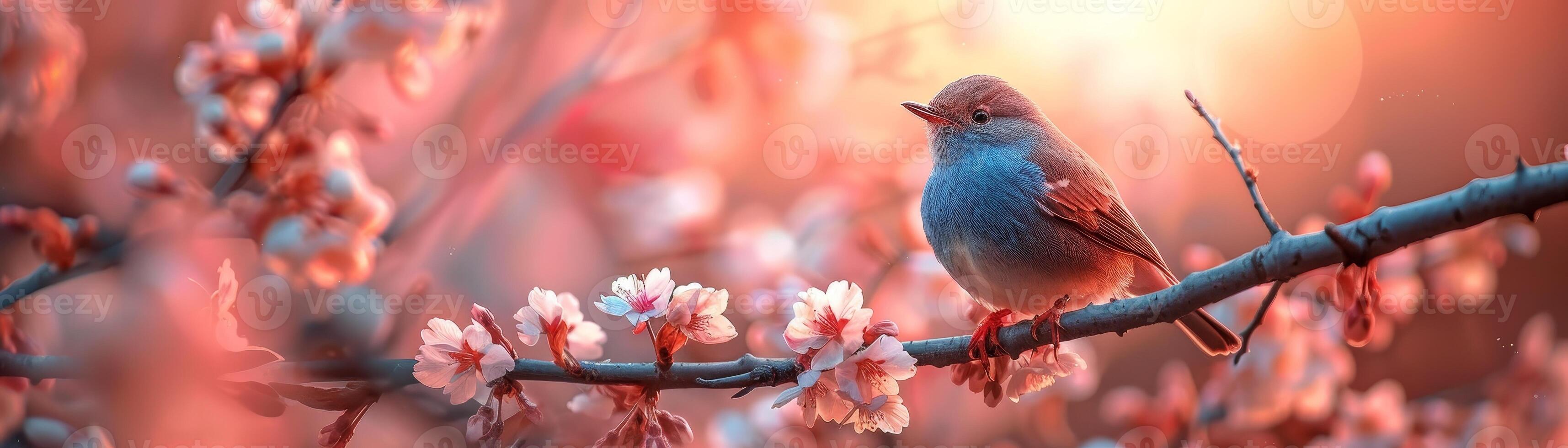 AI generated Morning Bird Melodies, Cherry Blossoms and Equinox Festivity photo