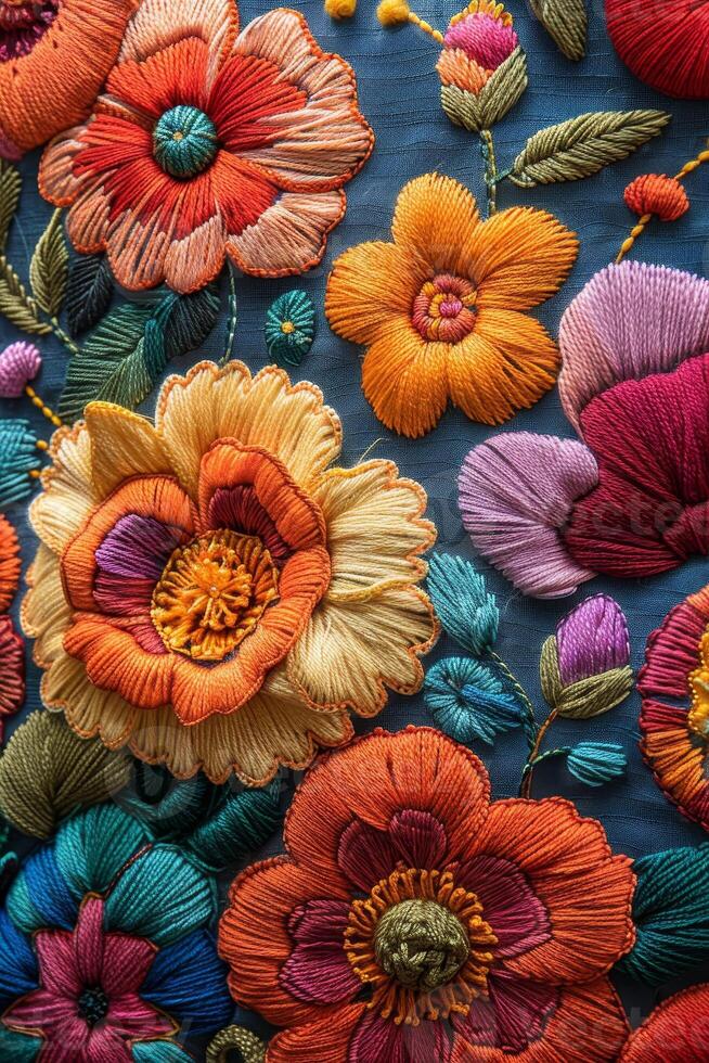 AI generated Creating a detailed floral embroidery with vibrant threads on canvas, seen up close photo