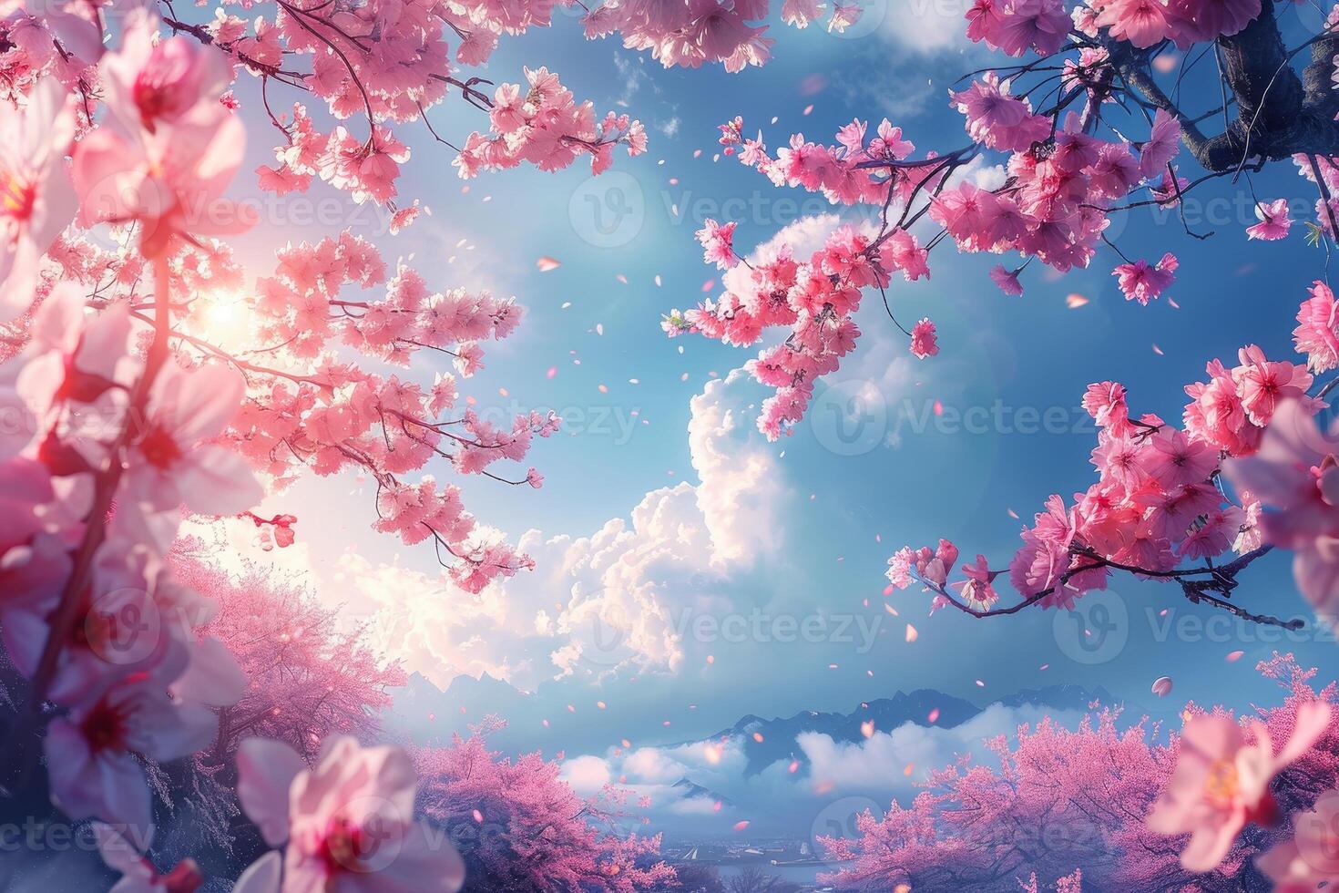 AI generated Cherry Trees in Bloom under Clear Skies, Marking Springtime photo