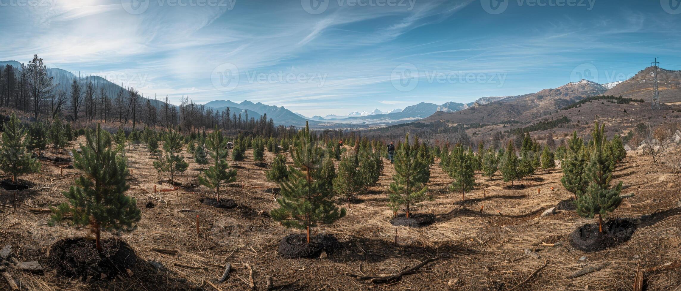 AI generated Volunteers working together in a wide panoramic shot of newly planted trees symbolize hope for forest preservation. photo