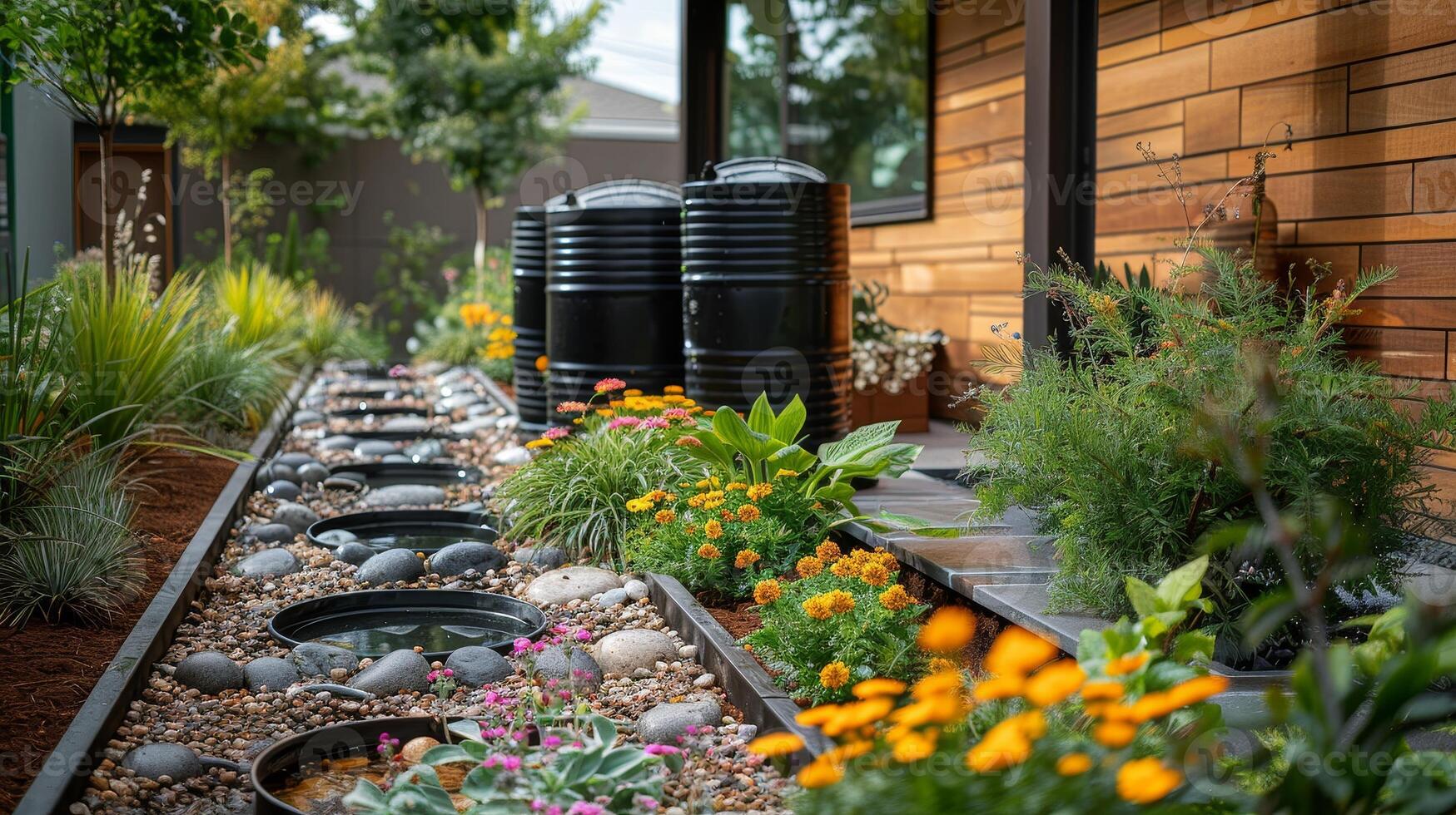 AI generated Installation of a community rainwater collection system, showcasing practical water conservation methods in residential areas. photo