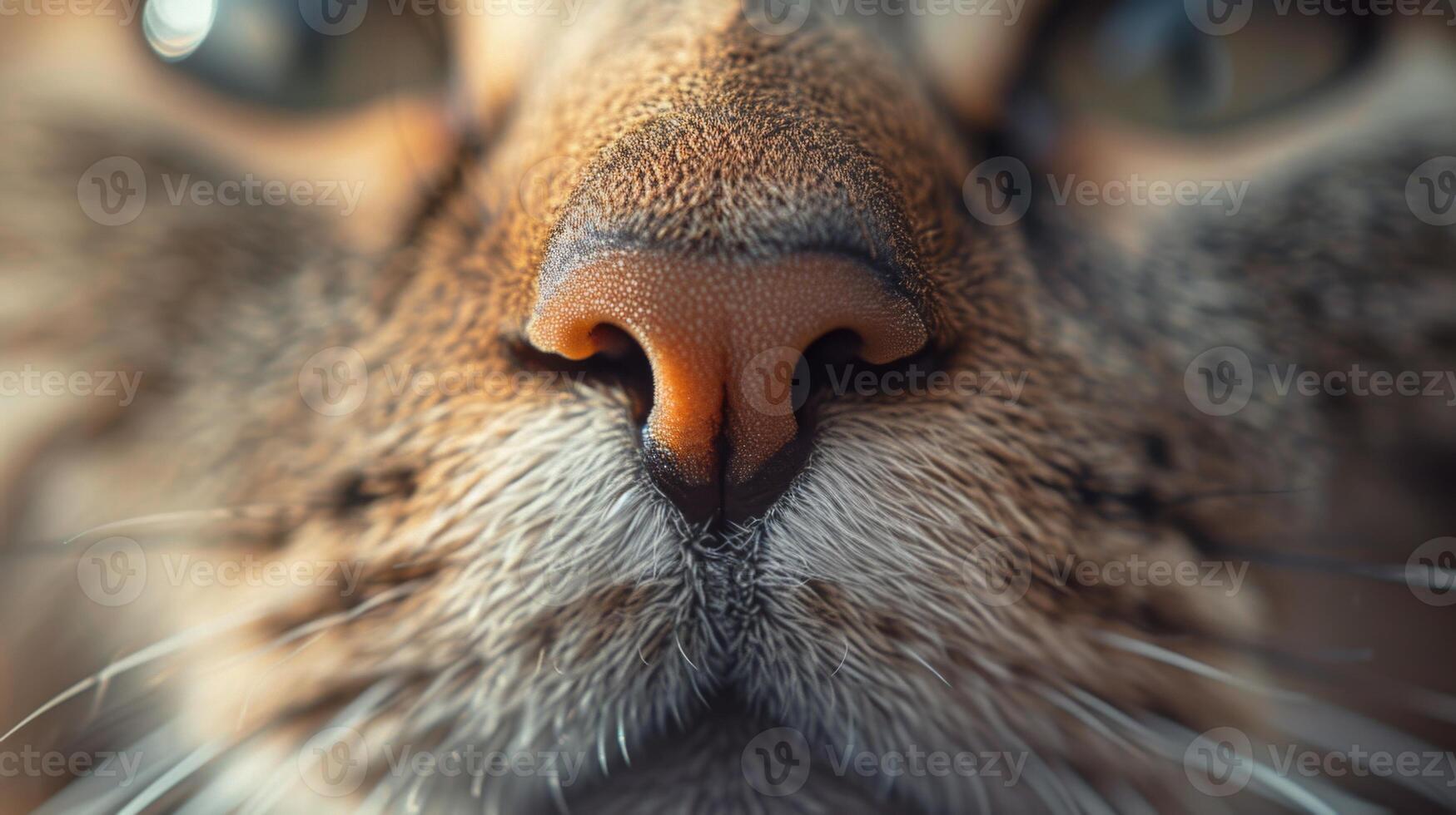 AI Generated Detailed Close-up of a Beautiful Cats Brown and White Fur, Pink Nose, and Long White Whiskers photo