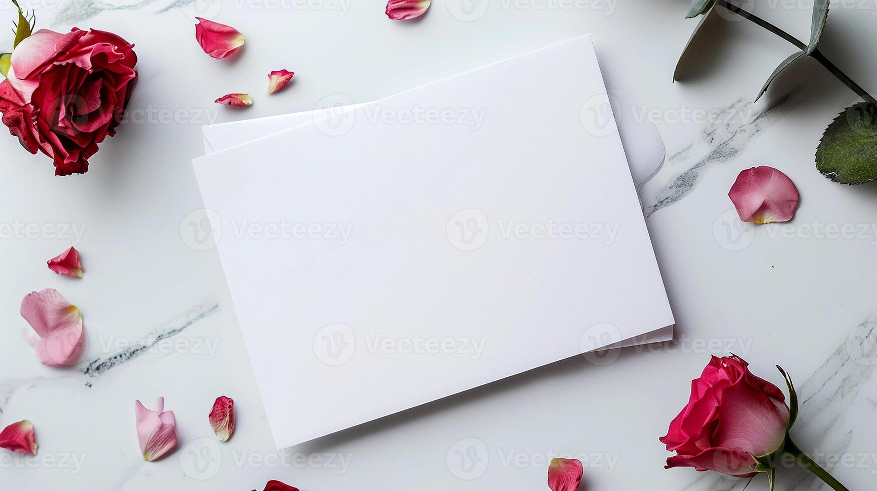 AI Generated Sloppy light background in grunge style with rose petals and blank note. White blank greeting card. photo